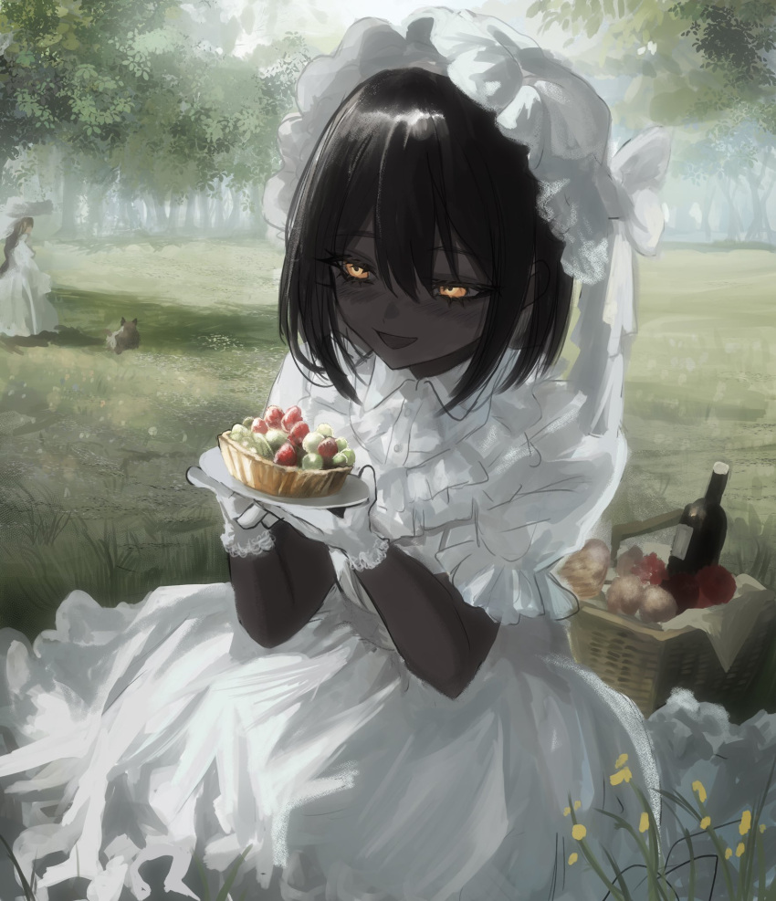 Safebooru - 2girls :d akai ringo (eveyuno) black skin blush bonnet ...