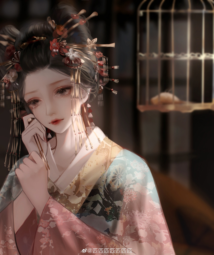 Safebooru 1girl absurdres beehive hairdo bird birdcage black hair