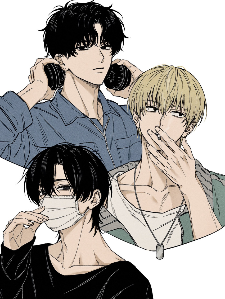 Safebooru - 3boys adam's apple black eyes black hair black shirt blonde ...