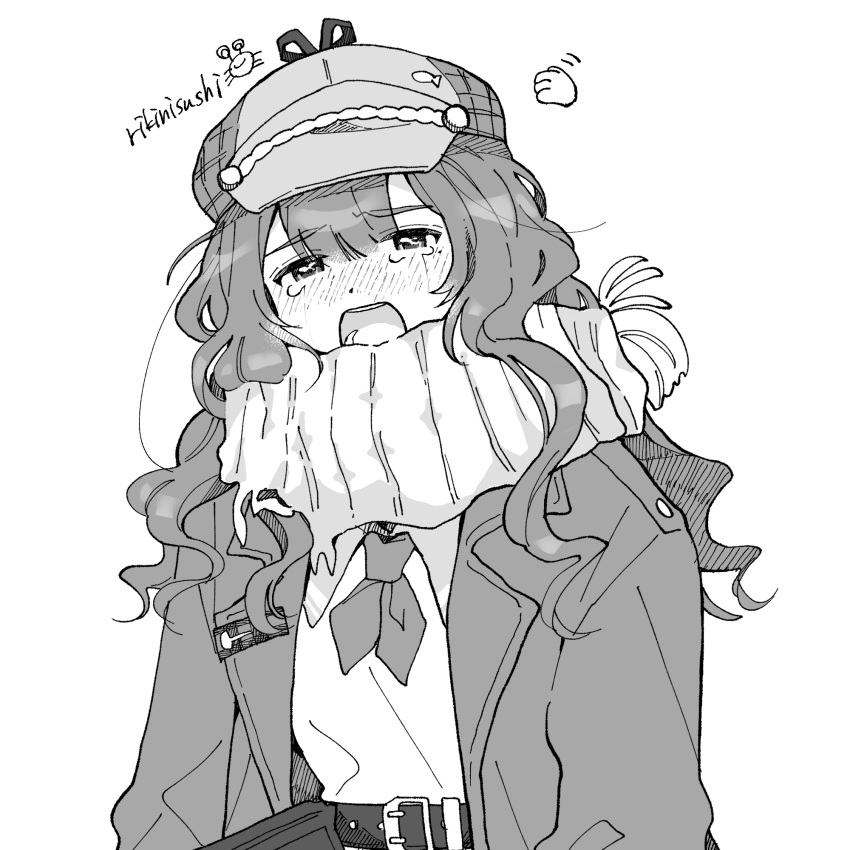 safebooru-1girl-artist-name-belt-blush-cabbie-hat-coat-crying-crying