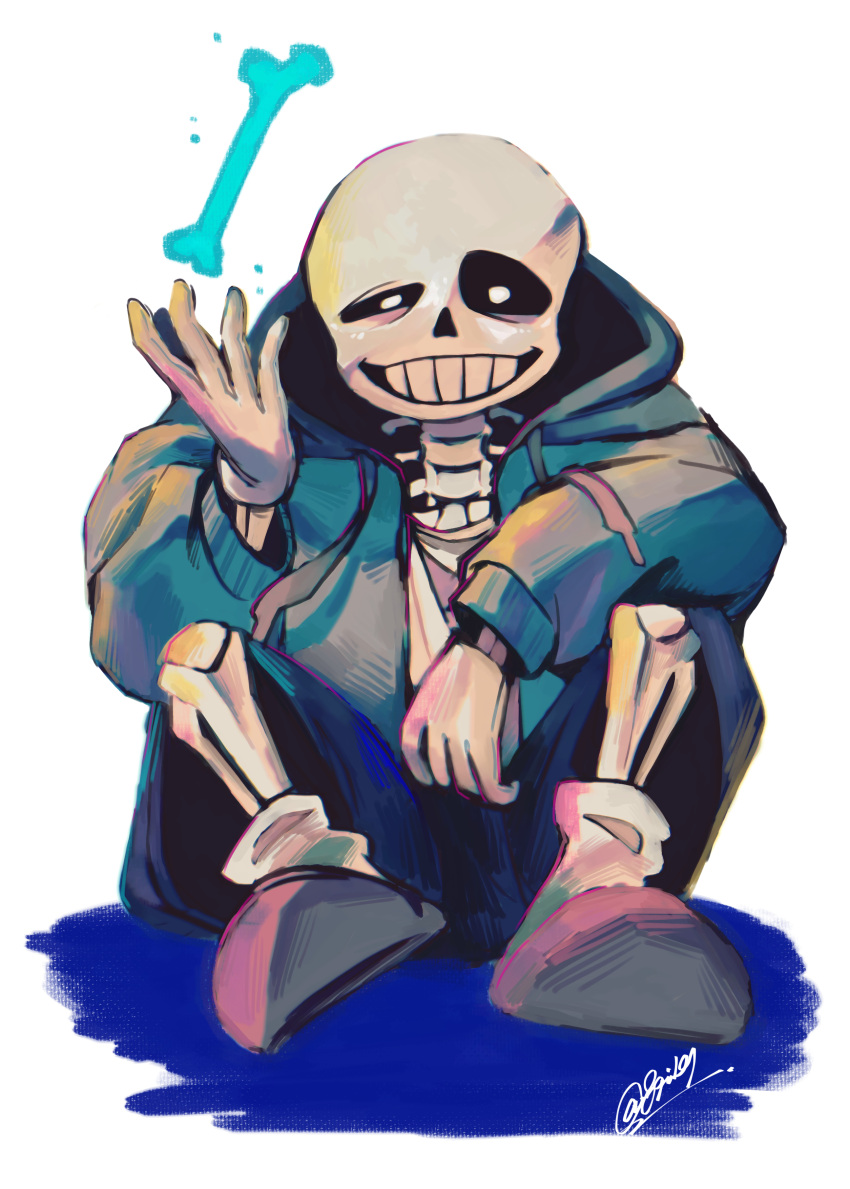 Safebooru - 1boy absurdres blue jacket bone full body grin highres ...