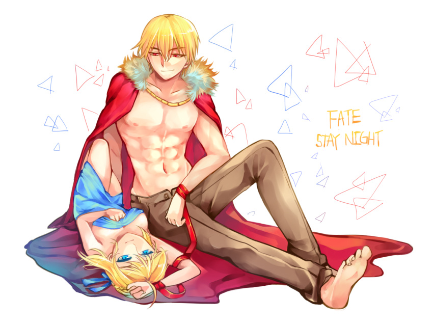 1boy 1girl ahoge barefoot blonde_hair blue_eyes cape fate/stay_night fate(s...