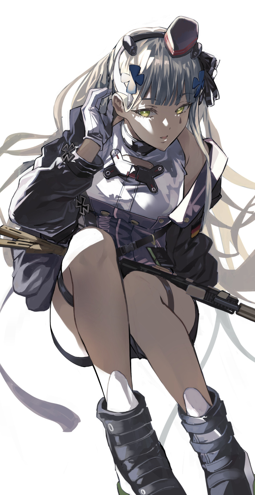 Safebooru - 1girl absurdres assault rifle black hairband blue hair ...