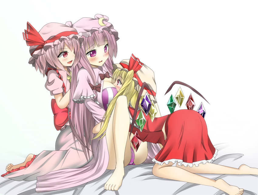 3girls bare_legs blonde_hair blush breast_smother breasts crescent flandre_...