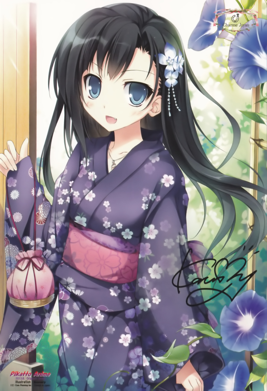 Safebooru 1girl Absurdres Black Hair Blue Eyes Flower Highres Japanese Clothes Karory Kimono 
