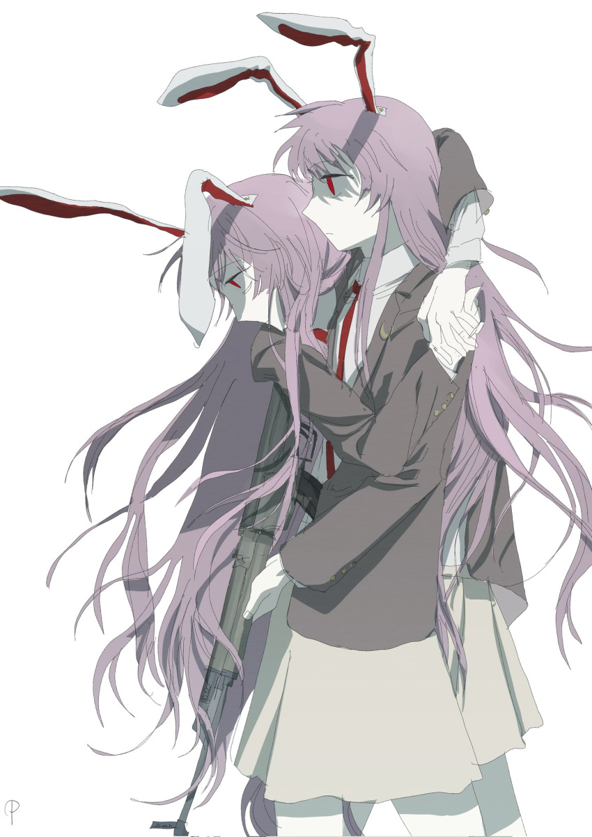 Safebooru - 2girls animal ears arm around neck assault rifle bags under ...
