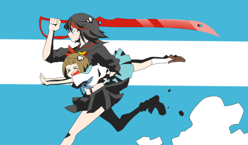 Safebooru 2girls Black Eyes Black Hair Brown Hair Carrying Kill La Kill Mankanshoku Mako Matoi