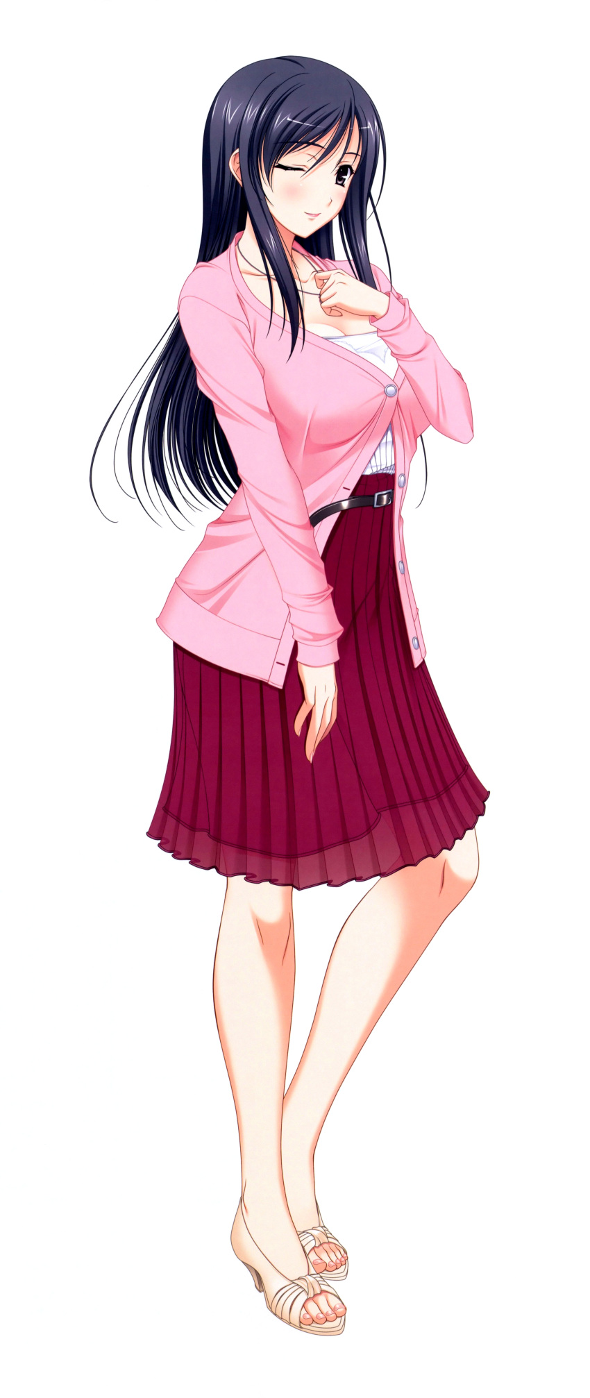 safebooru-1girl-absurdres-black-hair-blouse-breasts-cleavage-dress