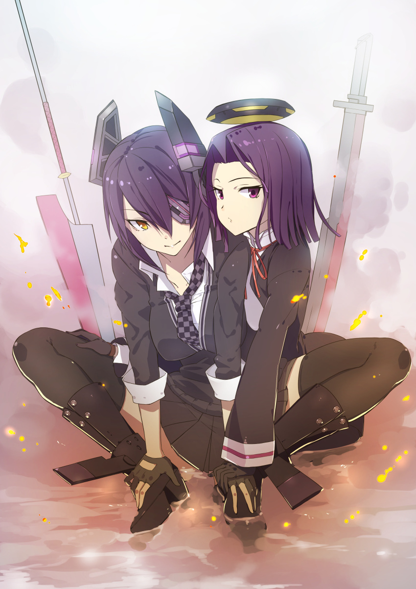 Safebooru - 2girls absurdres black legwear eyepatch glaive gloves