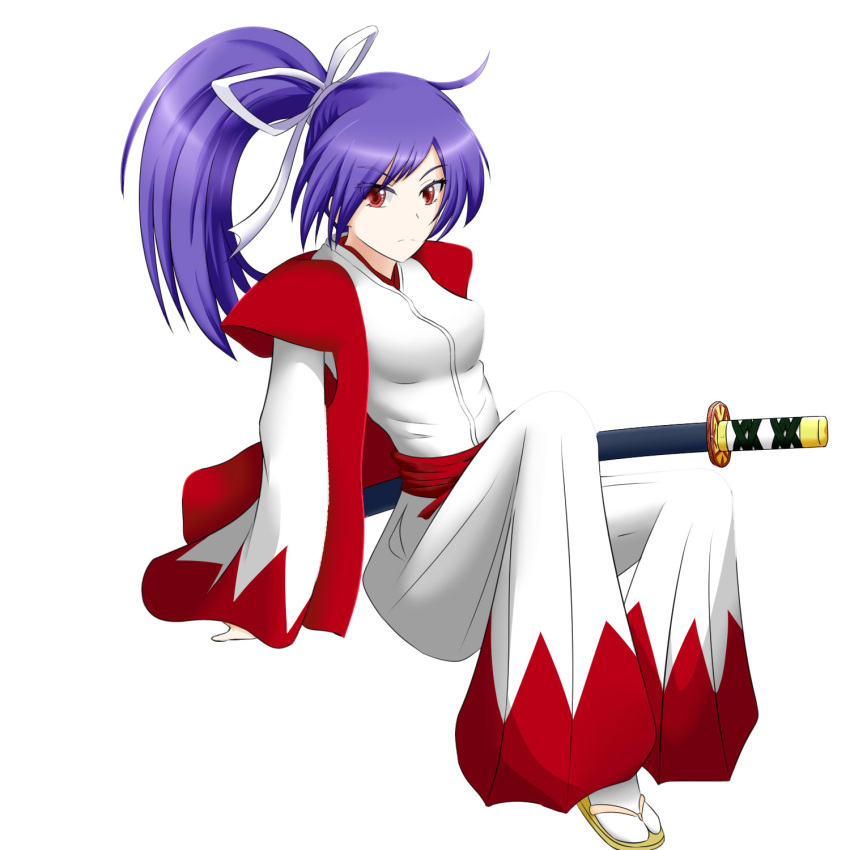 ...sash short_hair simple_background sitting sleeves_past_wrists solo sword...