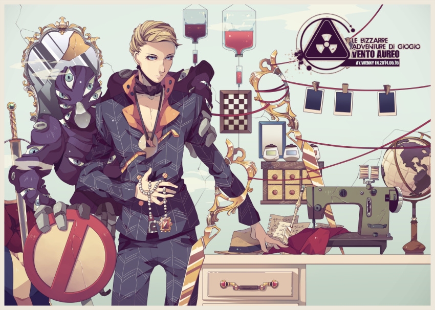 Safebooru 1boy blonde hair formal intravenous drip jojo no kimyou na