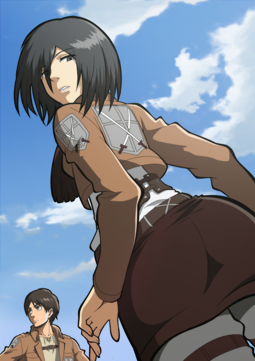 ...from_behind highres insignia jacket looking_at_viewer mikasa_ackerman sc...