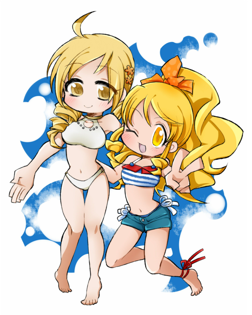 2girls alternate_costume bikini bikini_bottom bikini_top blonde_hair blush chibi...