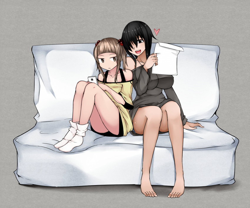 2girls age_difference aoshima bare_legs bare_shoulders barefoot black_eyes ...