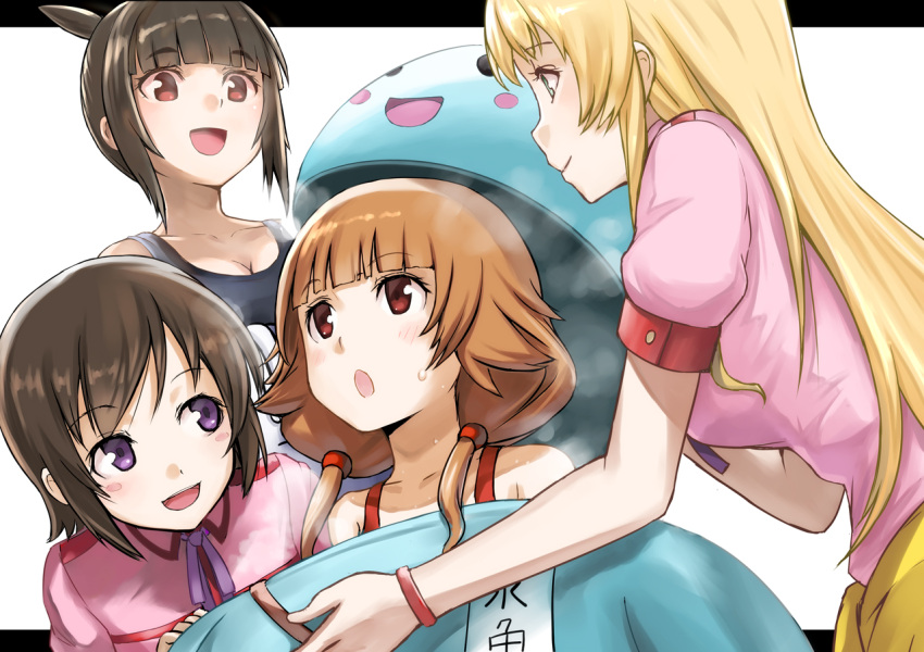 Safebooru - 4girls :d :o blonde hair blush stickers brown hair costume