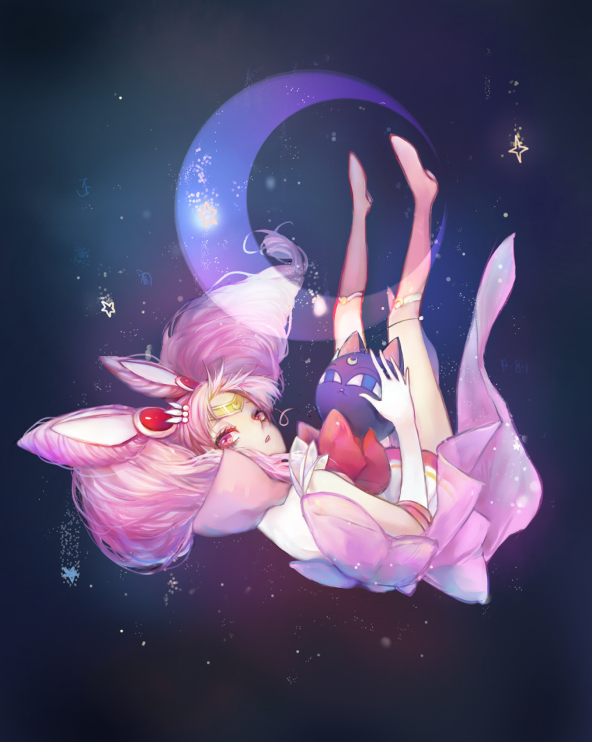 luna-p moon parted_lips pink_boots pink_hair red_eyes sailor_chibi_moon sol...