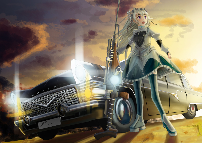 absurdres artist_request car chaika_trabant clouds gun highres hitsugi_no_c...