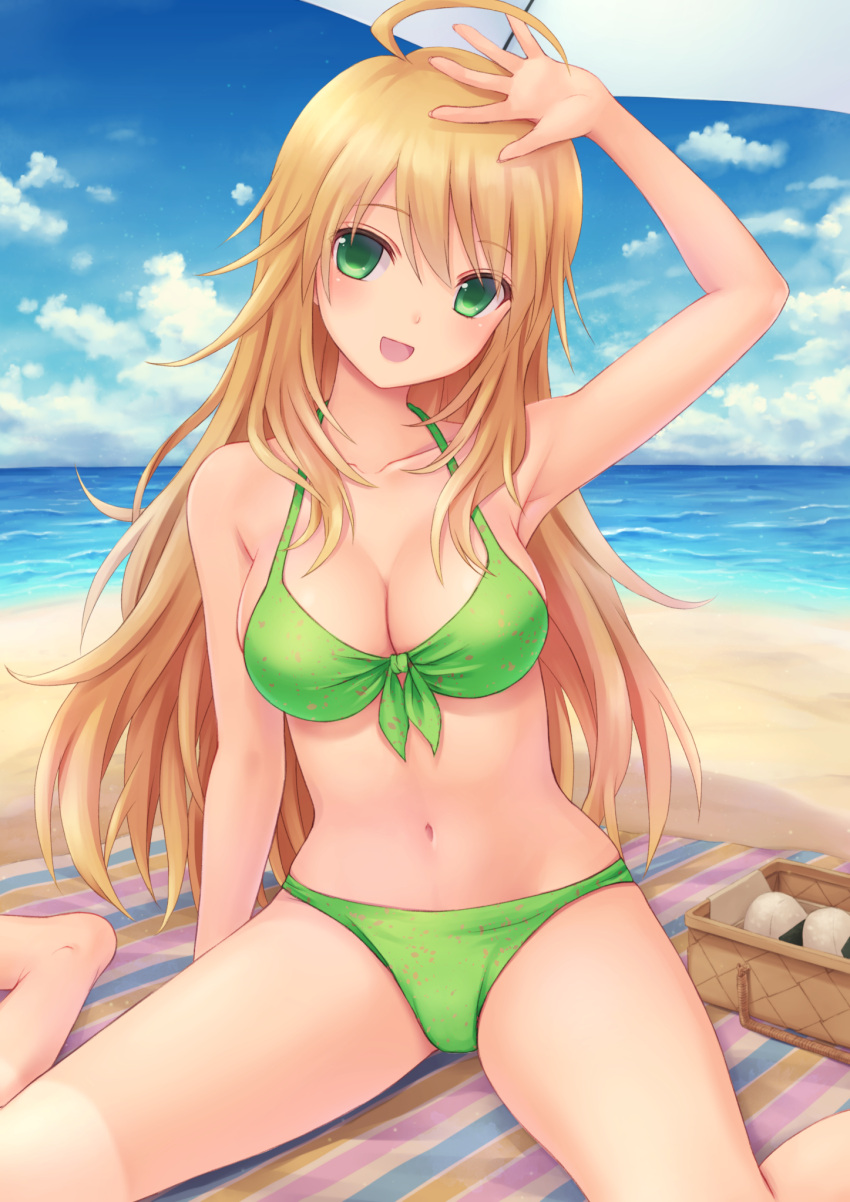 1girl :d ahoge arm_up basket beach beach_umbrella bikini blonde_hair clouds...