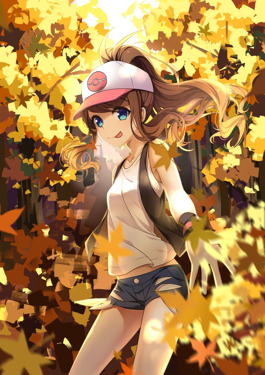 Safebooru - 1girl :p absurdres autumn autumn leaves baseball cap blue ...