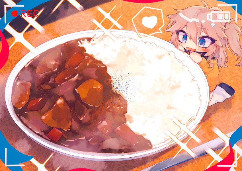 Safebooru - 1girl blue eyes blush stickers chibi curry curry rice fang ...