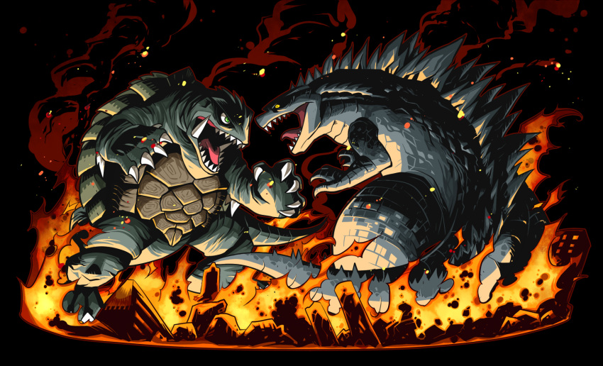 Safebooru Claws Fangs Fire Gamera Gamera Series Godzilla Godzilla Series Green Eyes