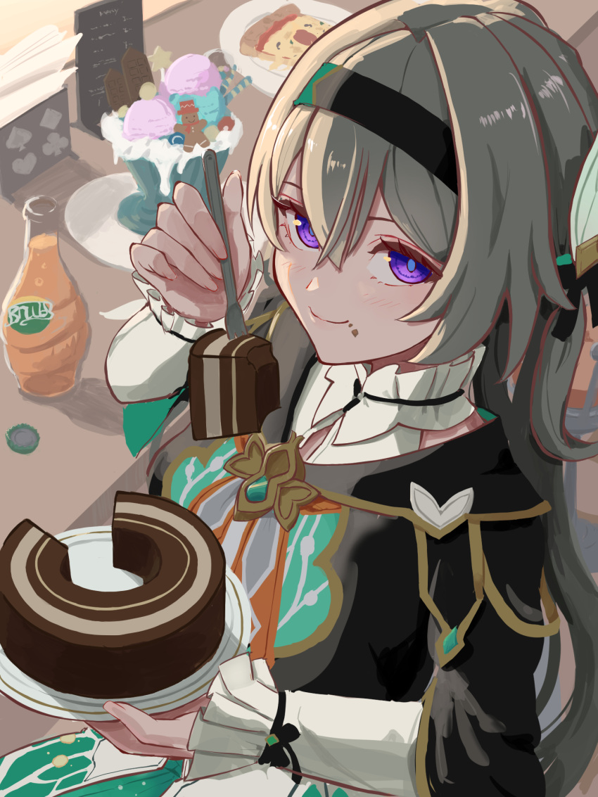 Safebooru - 1girl black hairband bottle cake eating firefly (honkai ...