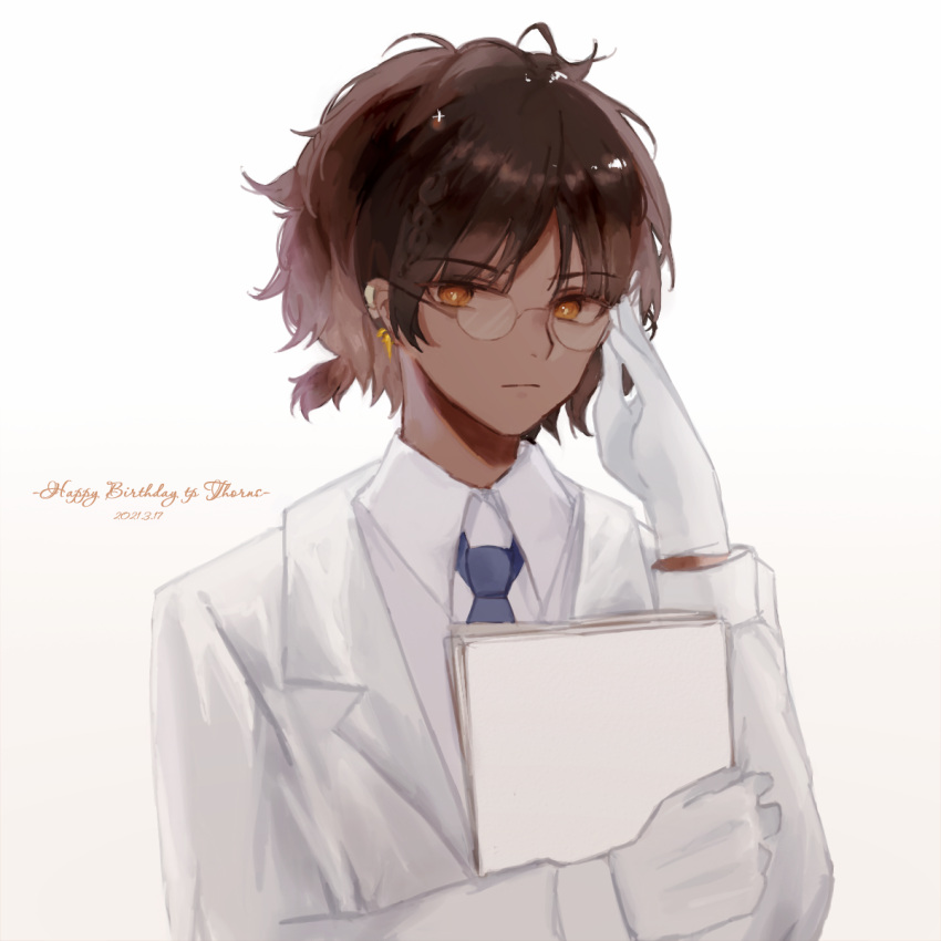 Safebooru - 1boy adjusting eyewear arknights blue necktie brown hair ...