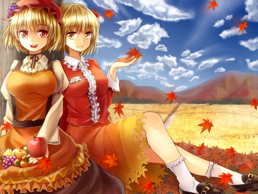 Safebooru 2girls Against Tree Aki Minoriko Aki Shizuha Apple Apron Autumn Autumn Leaves Blonde 