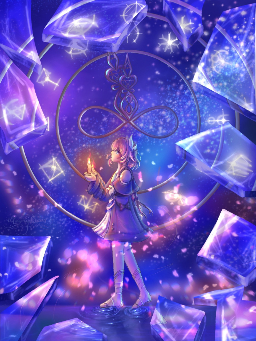 Safebooru - 1girl blue eyes broken glass candle coat commentary ...