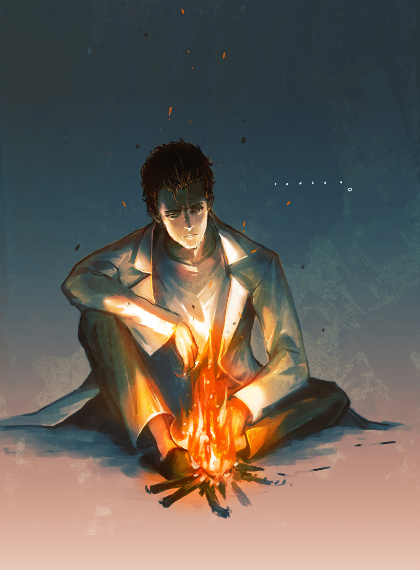 Safebooru 1boy Black Hair Brown Eyes Embers Facial Hair Fire Highres Huke Labcoat Okabe 8395