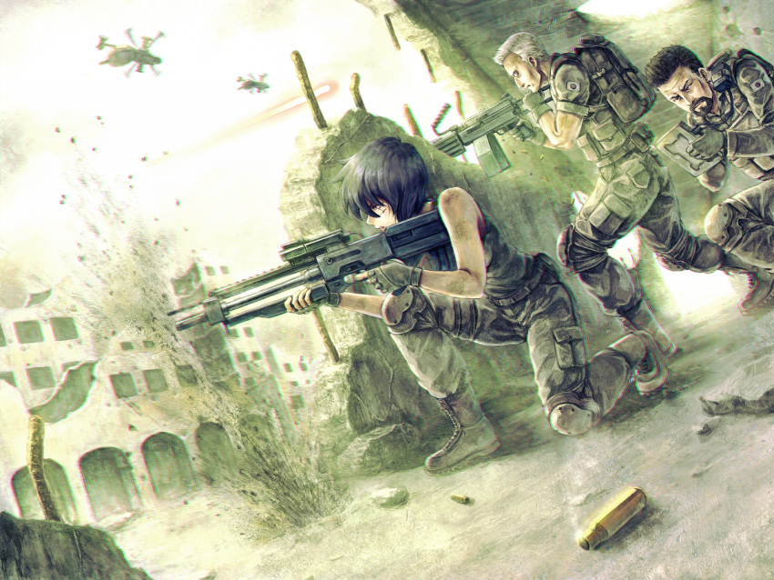 Safebooru - 1girl 2boys aircraft batou (gits) battle battlefield ...