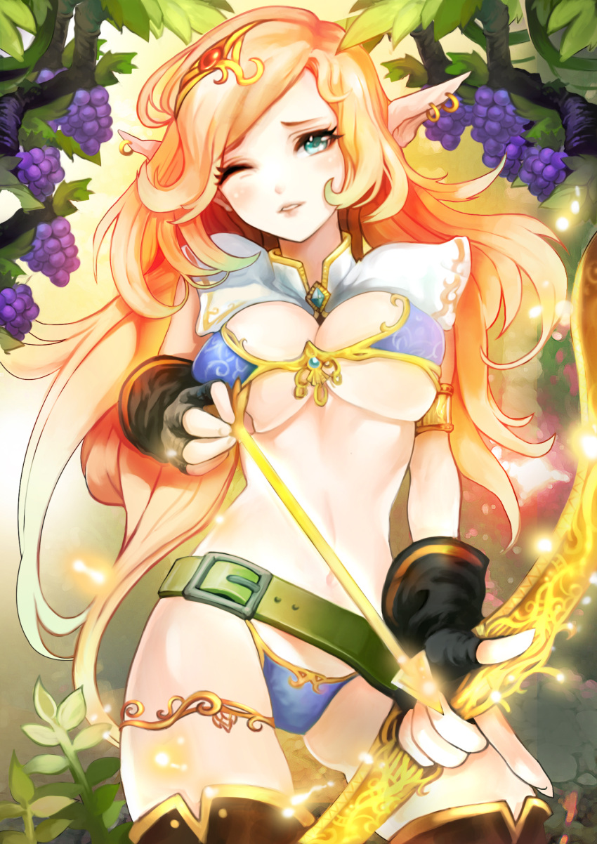 1girl aqua_eyes armor arrow bikini_armor blonde_hair bow(weapon) breasts ea...