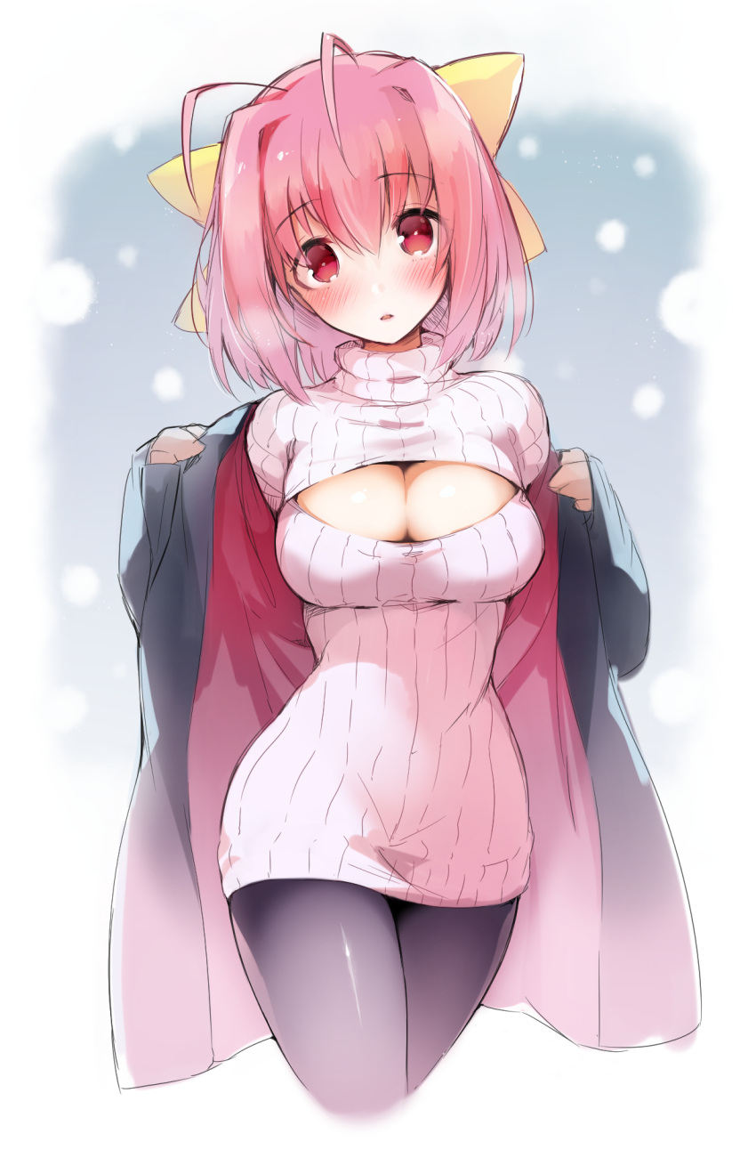 ...open-chest_sweater open_clothes open_coat pantyhose pink_eyes pink_hair pyon...