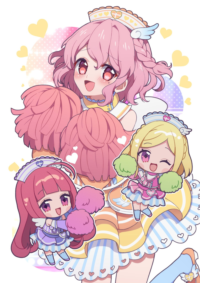 Safebooru - 1boy 2girls :d blonde hair blunt bangs braid cheering chibi ...