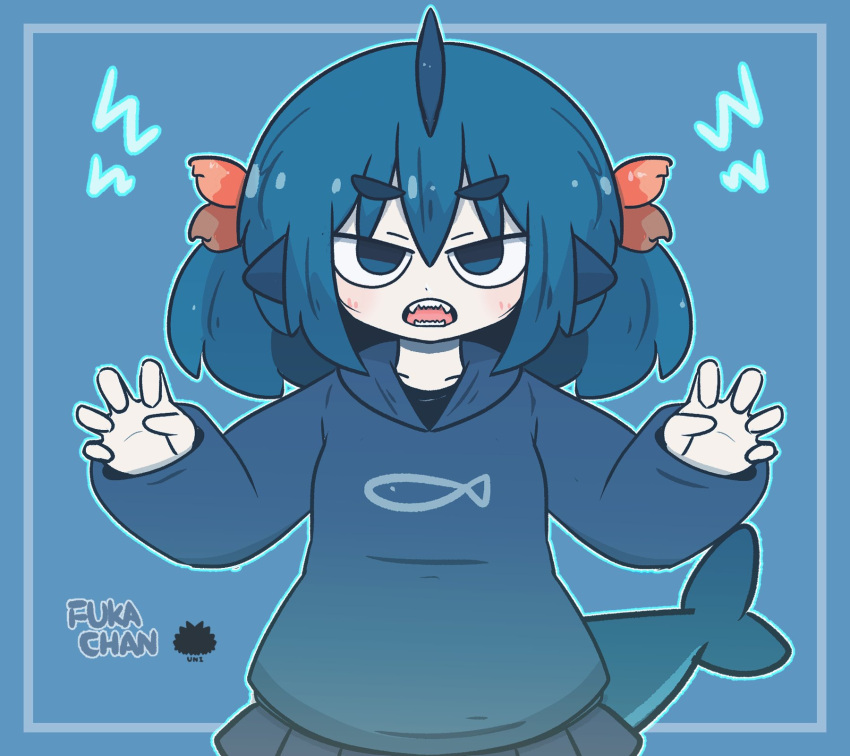 Safebooru - 1girl blue background blue eyes blue hair blue hoodie ...