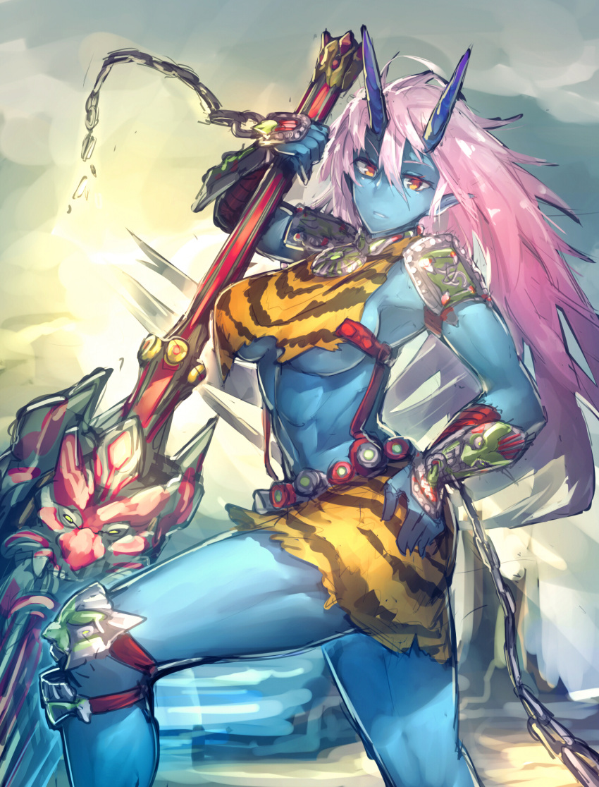 1girl armor blue_skin breasts chain gauntlets highres jingai_musume large_b...