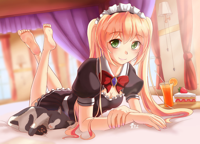 1girl barefoot bed blonde_hair breasts cake cat cleavage dress drink feet f...