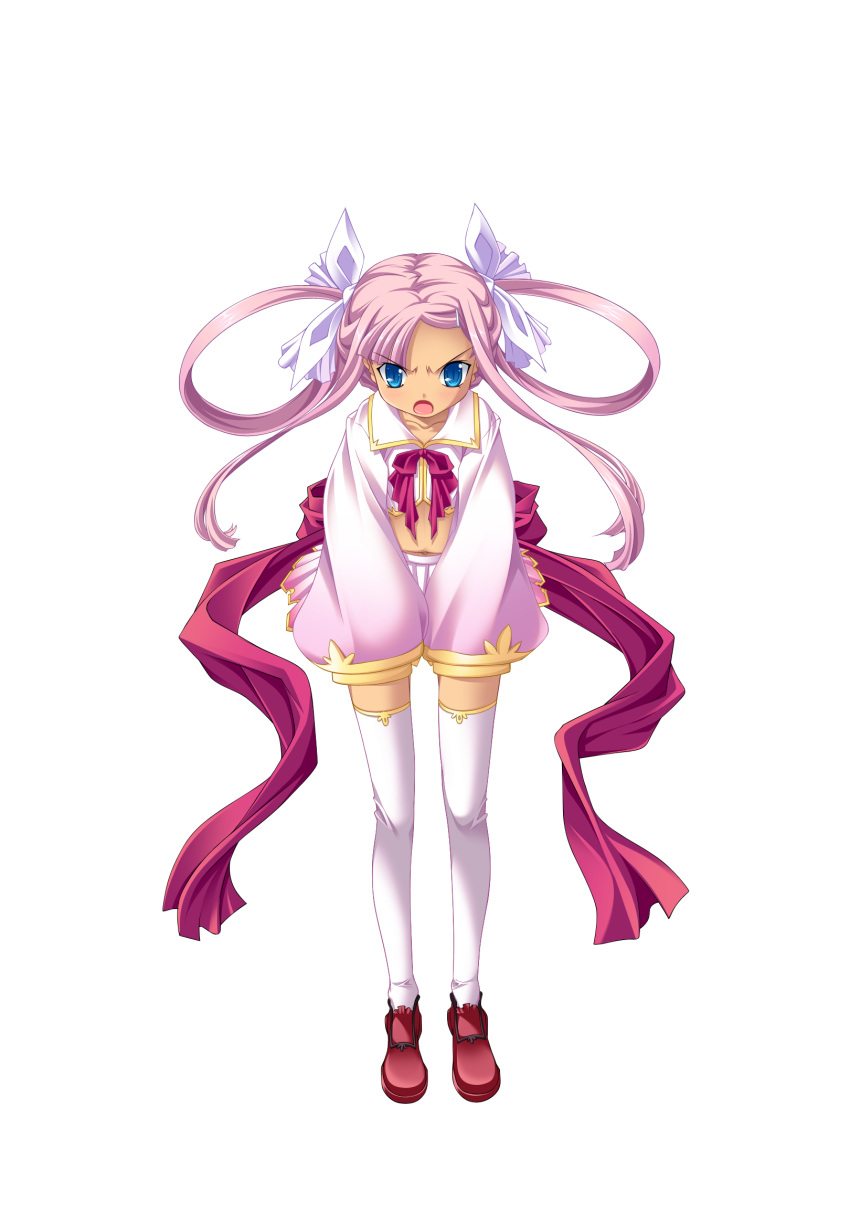 ...navel open_mouth pink_hair ribbon shoes skirt sleeves_past_wrists sonsho...