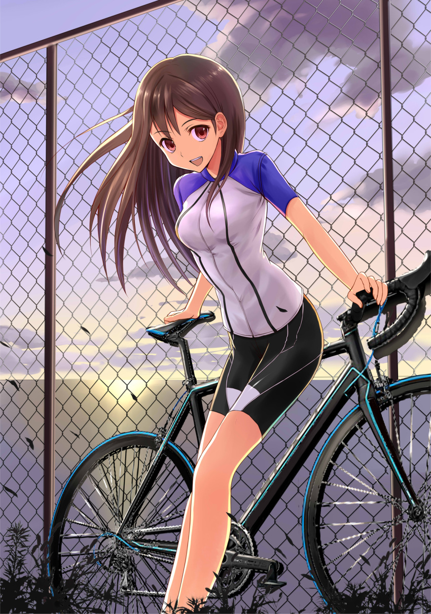 Safebooru 1girl Bicycle Bike Jersey Bike Shorts Brown Hair Chain Link Fence Clouds Cloudy Sky