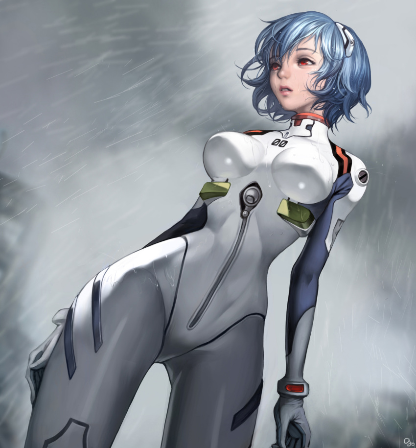 1girl absurdres arm_at_side ayanami_rei blue_hair breasts clouds cloudy_sky...