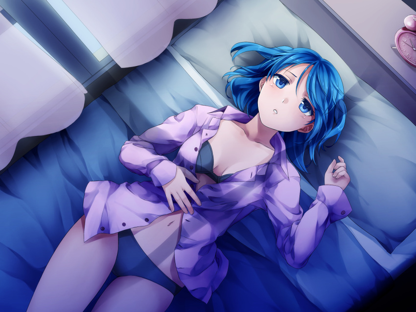 ...blue_eyes blue_hair bra breasts clock curtains dutch_angle from_behind g...