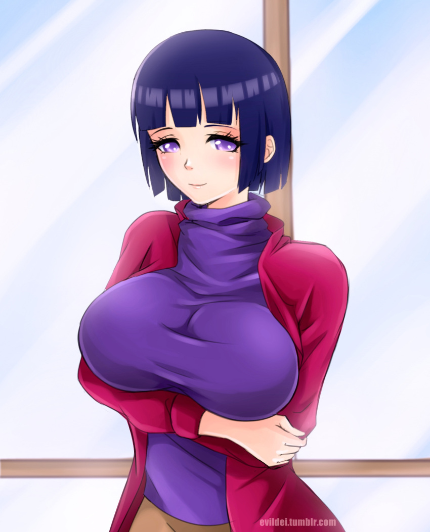 blush breast_hold breasts casual crossed_arms evil-dei highres hyuuga_hinat...