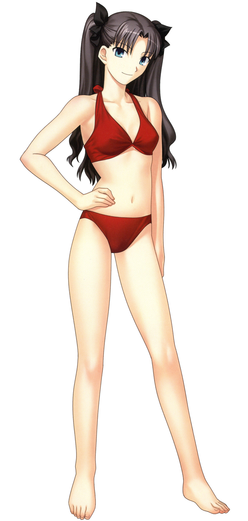 navel official_art red_bikini ribbon smile solo swimsuit tohsaka_rin toosak...