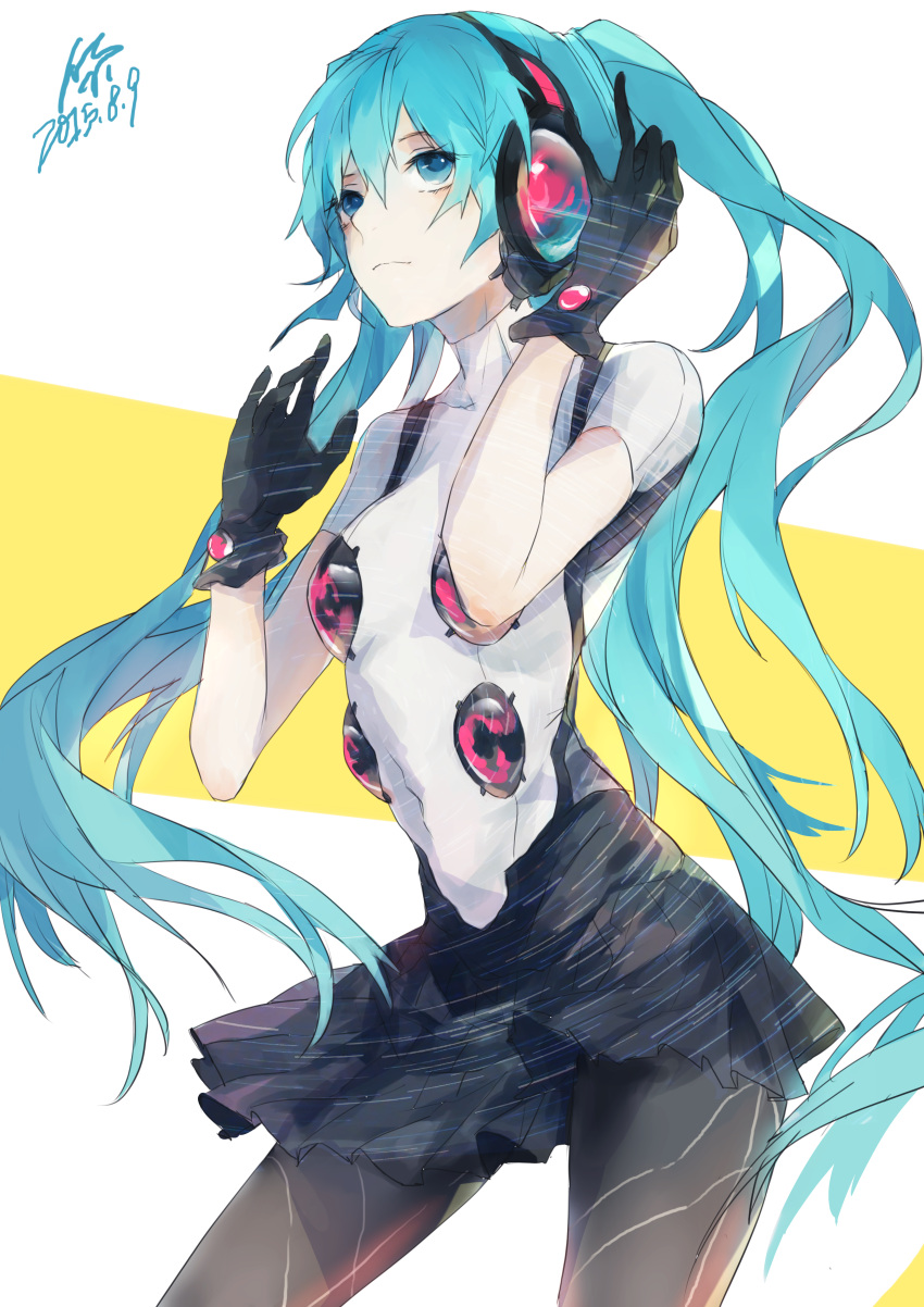 Safebooru 1girl 2015 Absurdres Aqua Eyes Aqua Hair Dated Gloves Hand On Headphones Hatsune 7508