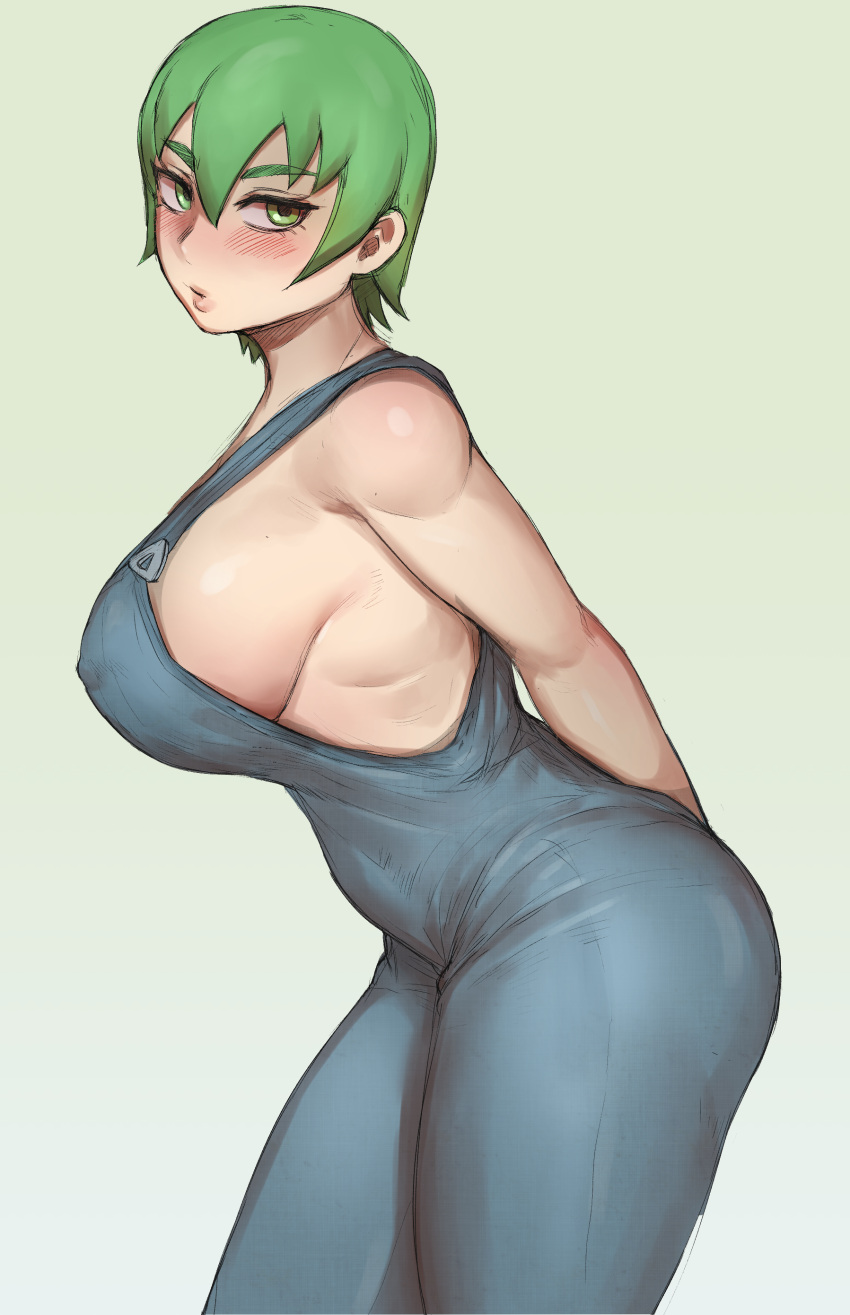 1girl absurdres arms_behind_back blue_overalls blush breasts covered_nipple...