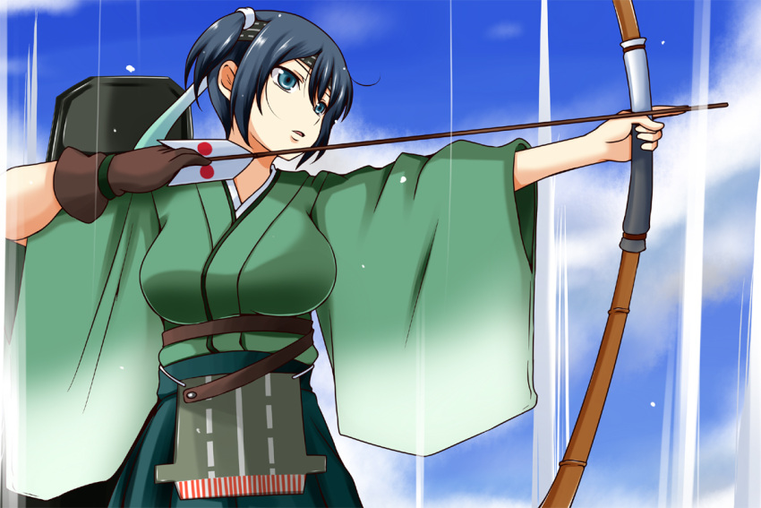 Safebooru 1girl Archery Arrow Blue Eyes Blue Hair Bow Weapon Breasts Brown Gloves Flight 