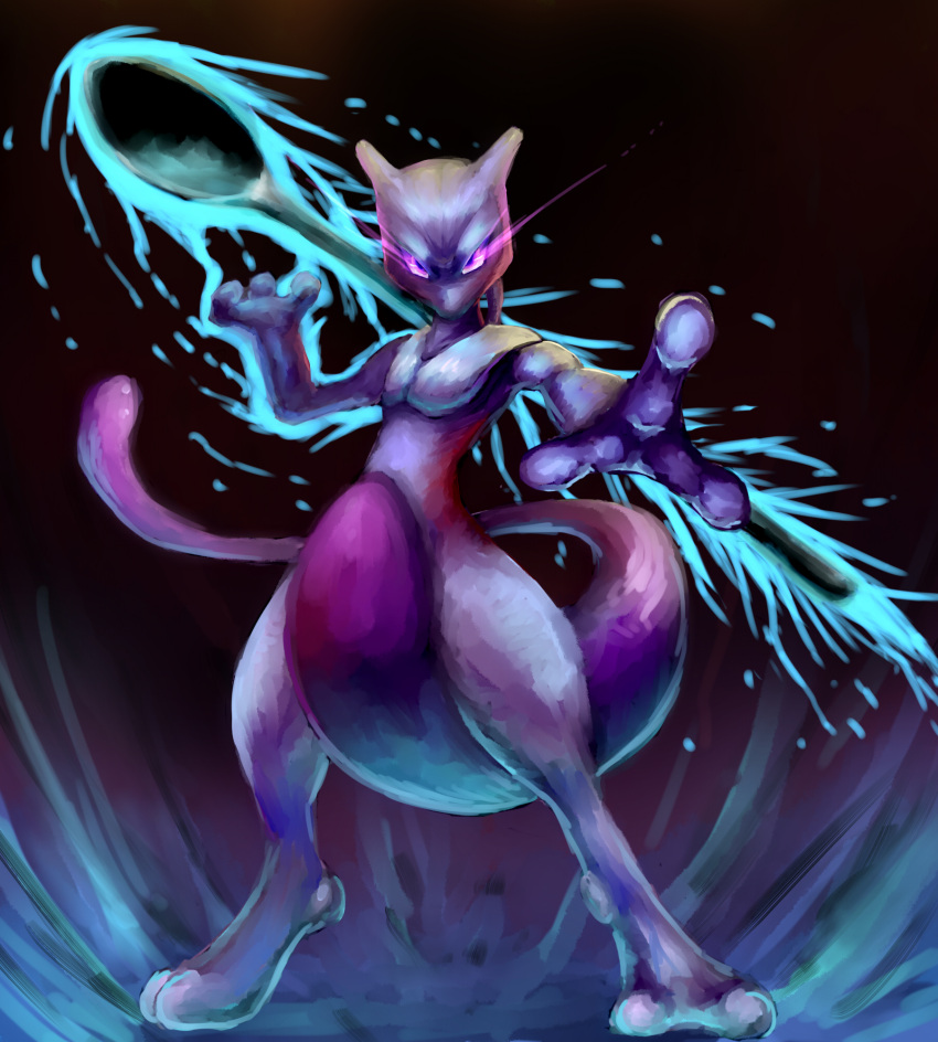 foreshortening full_body glowing glowing_eyes highres mewtwo no_humans over...