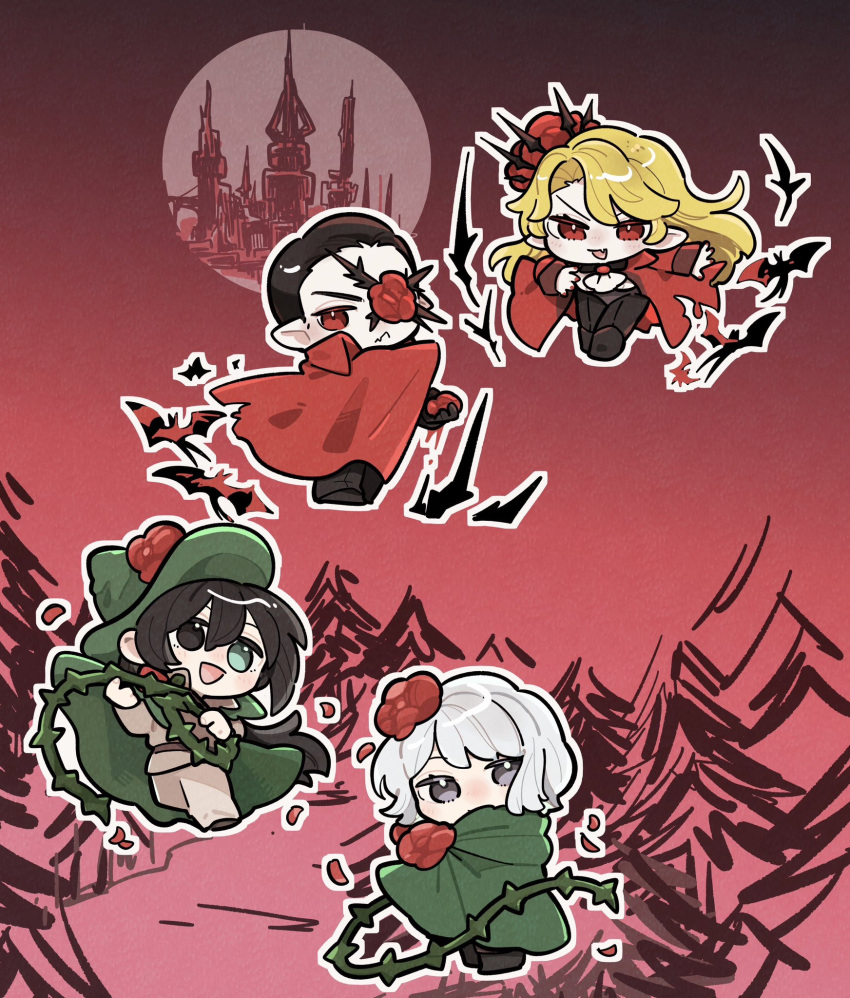 Mircalla Flower Safebooru - 2boys 2girls :d ascot bat (animal) black eyes black hair ...