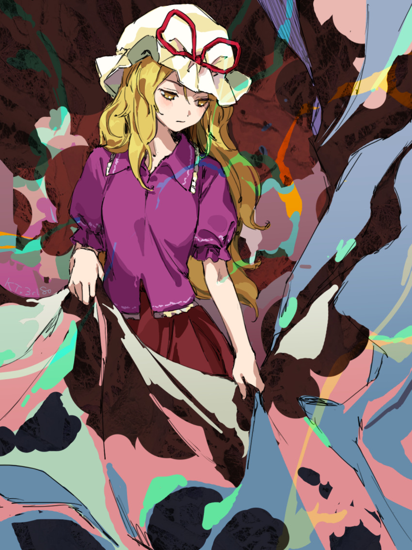 Safebooru - 1girl abstract background blonde hair collared shirt ...