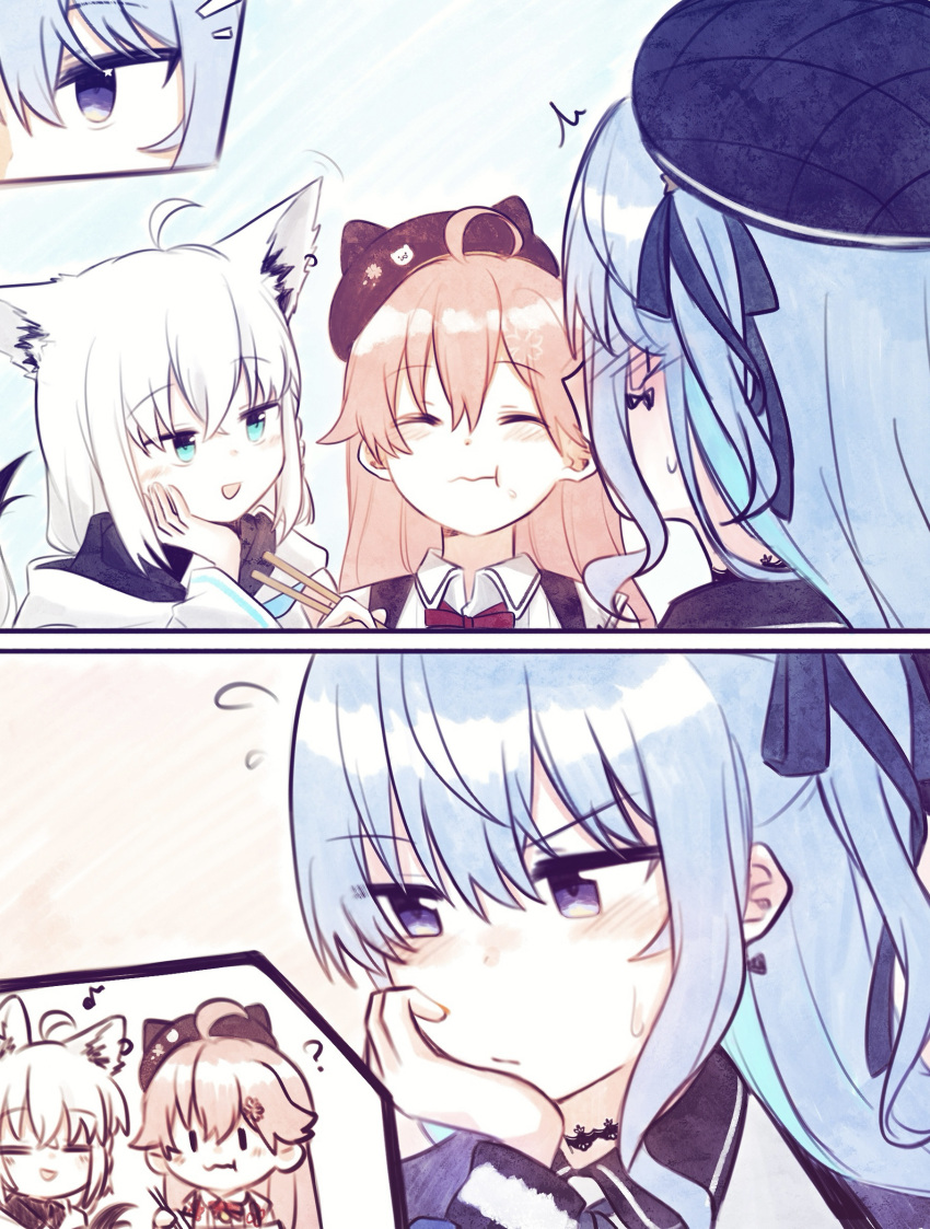 Safebooru - 3girls ? animal ears black hat blue eyes blue hair blue ...
